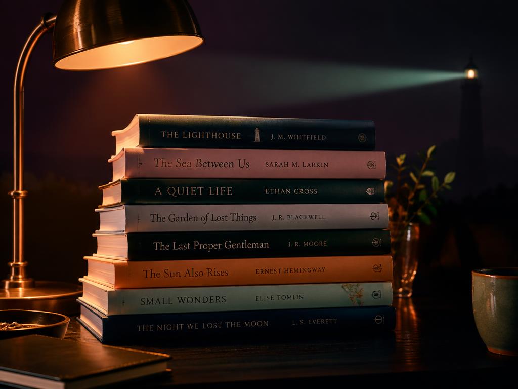 A stack of books beside a warm reading lamp, a lighthouse beam in the distance